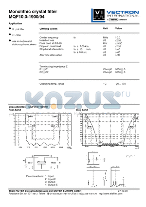 MQF10.0-1900-04 datasheet - Monolithic crystal filter