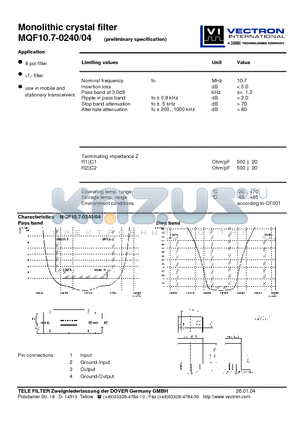 MQF10.7-0240-04 datasheet - Monolithic crystal filter