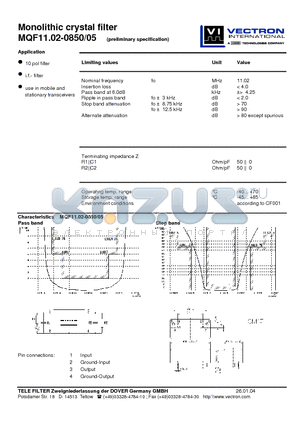 MQF11.02-0850-05 datasheet - Monolithic crystal filter