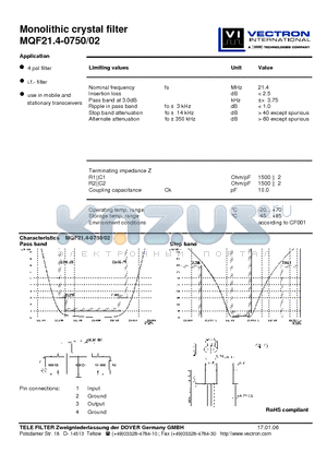 MQF21.4-0750 datasheet - Monolithic crystal filter