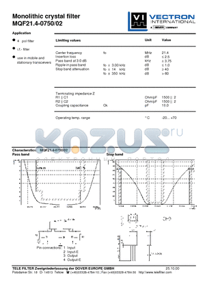 MQF21.4-0750-02 datasheet - Monolithic crystal filter