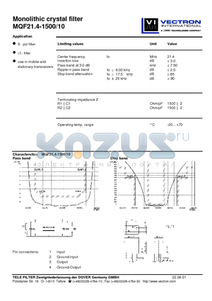 MQF21.4-1500-10 datasheet - Monolithic crystal filter