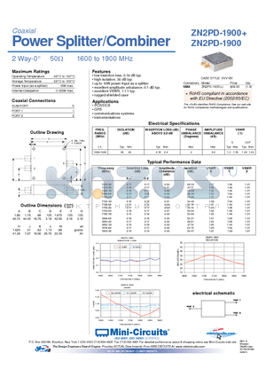 ZN2PD-1900 datasheet - Power Splitter/Combiner 2 Way-0 50Y 1600 to 1900 MHz