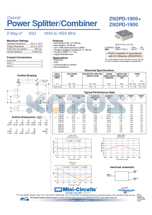 ZN2PD-1900+ datasheet - Power Splitter/Combiner 2 Way-0 50Y 1600 to 1900 MHz
