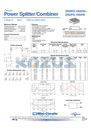 ZN2PD-1900W+ datasheet - Power Splitter/Combiner 2 Way-0 50Y 1500 to 2000 MHz