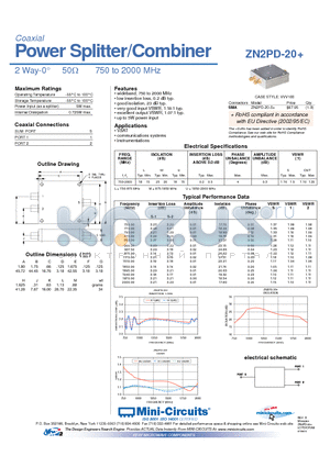 ZN2PD-20 datasheet - Power Splitter/Combiner 2 Way-0 50Y 750 to 2000 MHz
