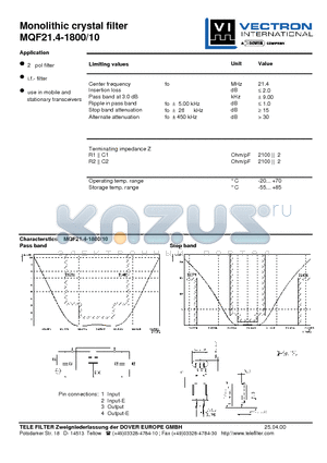 MQF21.4-1800-10 datasheet - Monolithic crystal filter