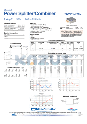 ZN2PD-920+ datasheet - Power Splitter/Combiner 2 Way-0 50Y 800 to 920 MHz