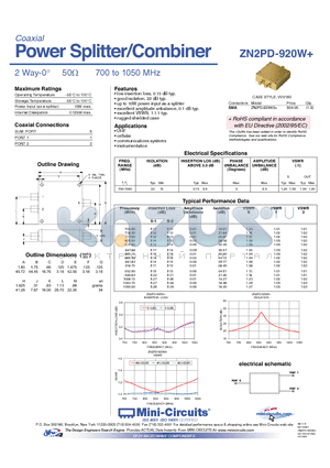 ZN2PD-920W datasheet - Power Splitter/Combiner 2 Way-0 50Y 700 to 1050 MHz