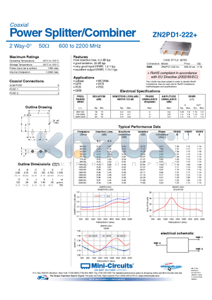 ZN2PD1-222 datasheet - Power Splitter/Combiner 2 Way-0 50Y 600 to 2200 MHz