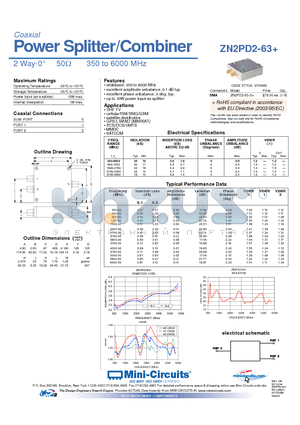 ZN2PD2-63 datasheet - Power Splitter/Combiner 2 Way-0 50Y 350 to 6000 MHz