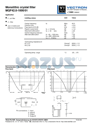 MQF42.0-1000-01 datasheet - Monolithic crystal filter