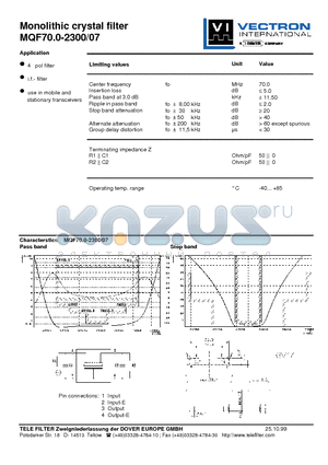 MQF70.0-2300-07 datasheet - Monolithic crystal filter