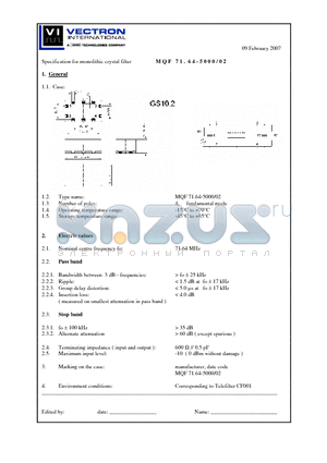 MQF71.64-5000 datasheet - Specification for monolithic crystal filter