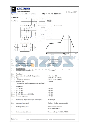 MQF71.85-2500 datasheet - Specification for monolithic crystal filter