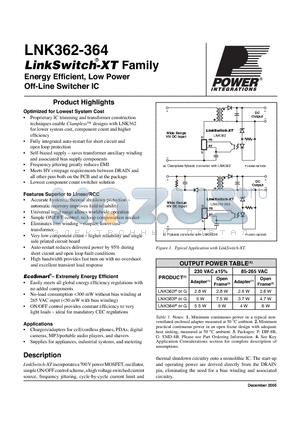 LNK362 datasheet - Energy Effi cient, Low Power Off-Line Switcher IC