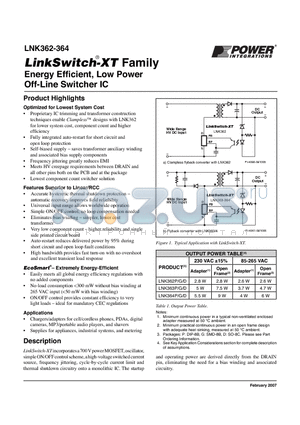 LNK362-364 datasheet - Energy Effi cient, Low Power Off-Line Switcher IC