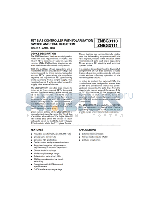 ZNBG3111 datasheet - FET BIAS CONTROLLER WITH POLARISATION SWITCH AND TONE DETECTION