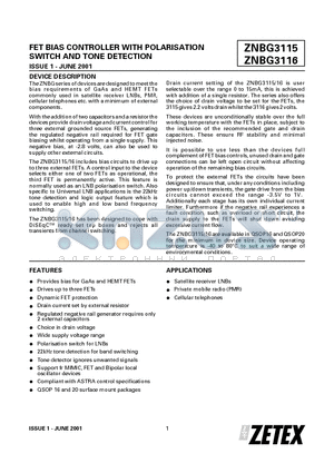 ZNBG3115Q20 datasheet - FET BIAS CONTROLLER WITH POLARISATION SWITCH AND TONE DETECTION