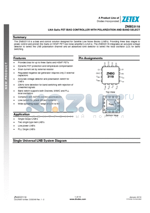 ZNBG3118JA16TC datasheet - LNA GaAs FET BIAS CONTROLLER WITH POLARIZATION AND BAND SELECT