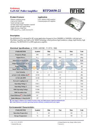 RTP26030-22 datasheet - The RTP26030-22 is designed for RF system application frequencies from 2496MHz to 2690MHz, with high gain.