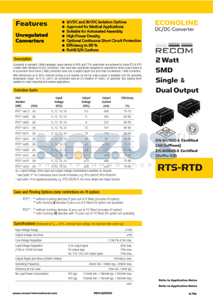 RTS_10 datasheet - 2 Watt SMD Single & Dual Output