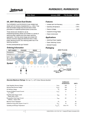 RURD620CCS datasheet - 6A, 200V Ultrafast Dual Diodes