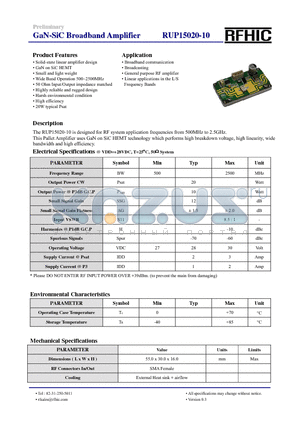 RUP15020-10 datasheet - GaN-SiC Broadband Amplifier
