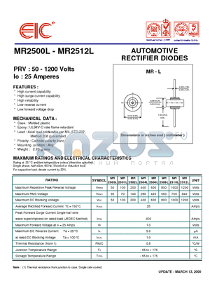 MR25XXL datasheet - AUTOMOTIVE RECTIFIER DIODES