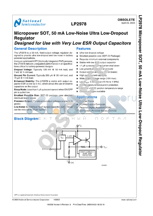 LP2978IM5-3.8 datasheet - Micropower SOT, 50 mA Low-Noise Ultra Low-Dropout Regulator Designed for Use with Very Low ESR Output Capacitors