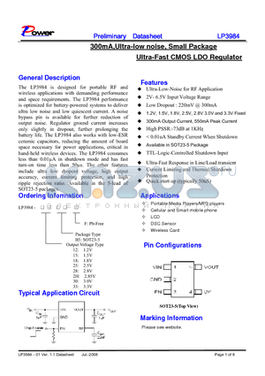 LP3984 datasheet - 300mA,Ultra-low noise, Small Package Ultra-Fast CMOS LDO Regulator