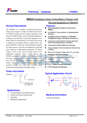 LP4060A datasheet - 800mA Standalone Linear Li-Ion Battery Charger with Thermal Regulation in ThinSOT