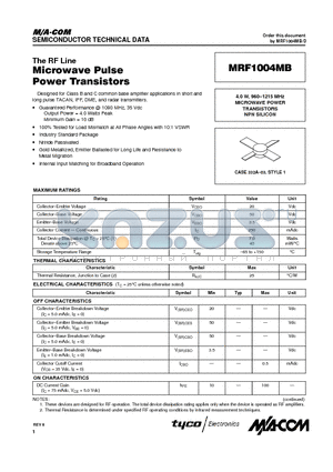 MRF1004 datasheet - MICROWAVE POWER TRANSISTORS NPN SILICON