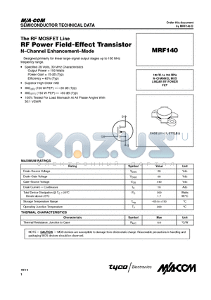 MRF140 datasheet - N-CHANNEL MOS LINEAR RF POWER FET