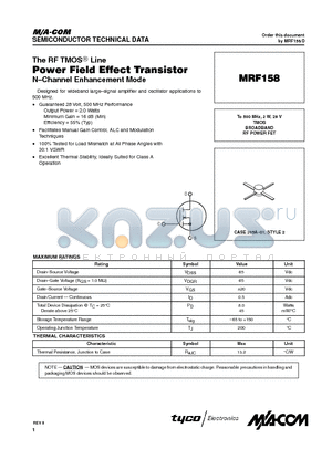 MRF158 datasheet - TMOS BROADBAND RF POWER FET