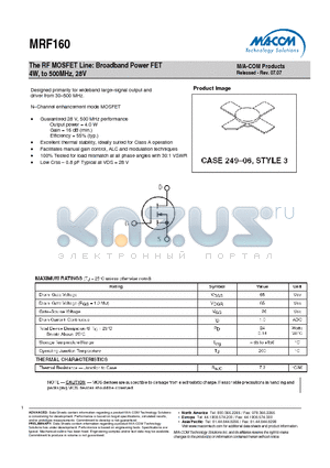 MRF160 datasheet - The RF MOSFET Line: Broadband Power FET 4W, to 500MHz, 28V