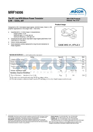 MRF16006 datasheet - The RF Line NPN Silicon Power Transistor 6.0W , 1.6GHz, 28V