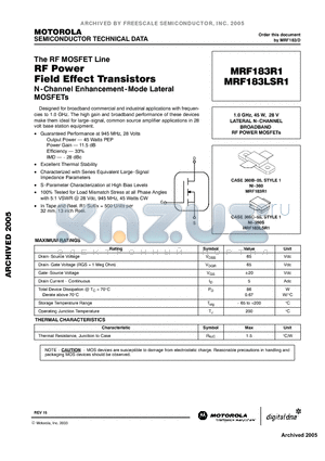 MRF183LSR1 datasheet - RF Power Field Effect Transistors N-Channel Enhancement-Mode Lateral MOSFETs