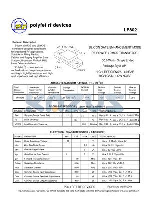 LP802 datasheet - SILICON GATE ENHANCEMENT MODE RF POWER LDMOS TRANSISTOR