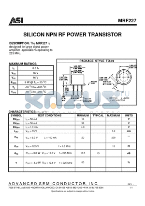 MRF227 datasheet - SILICON NPN RF POWER TRANSISTOR
