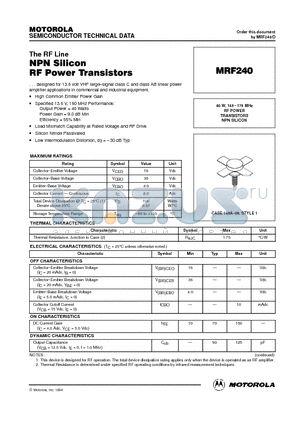 MRF240 datasheet - RF POWER TRANSISTORS NPN SILICON