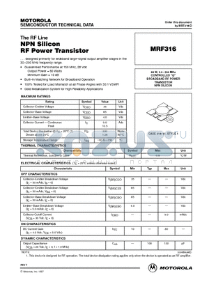 MRF316 datasheet - BROADBAND RF POWER TRANSISTOR NPN SILICON