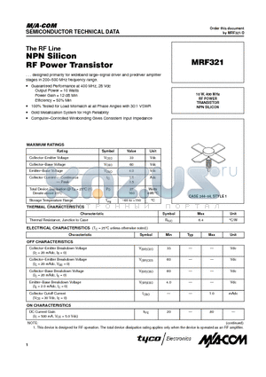 MRF321 datasheet - RF POWER TRANSISTOR NPN SILICON
