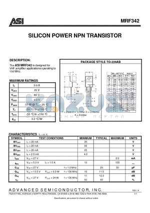 MRF342 datasheet - SILICON POWER NPN TRANSISTOR