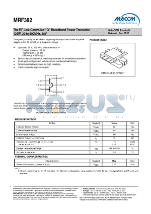 MRF392 datasheet - The RF Line Controlled Q Broadband Power Transistor 125W, 30 to 500MHz, 28V