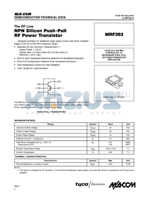 MRF393 datasheet - The RF Line NPN Silicon Push-Pull RF Power Transistor