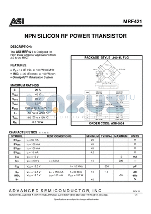 MRF421 datasheet - NPN SILICON RF POWER TRANSISTOR