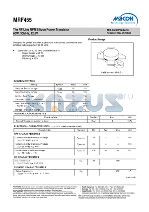 MRF455 datasheet - The RF Line NPN Silicon Power Transistor 60W, 30MHz, 12.5V