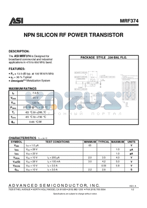 MRF374 datasheet - NPN SILICON RF POWER TRANSISTOR