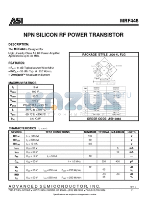 MRF448 datasheet - NPN SILICON RF POWER TRANSISTOR